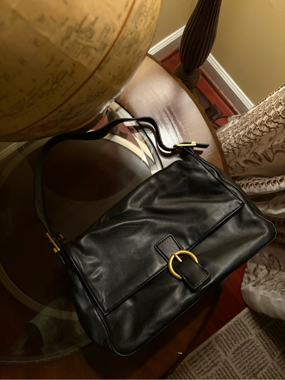 Black Faux Leather Shoulder Bag with Gold Accent